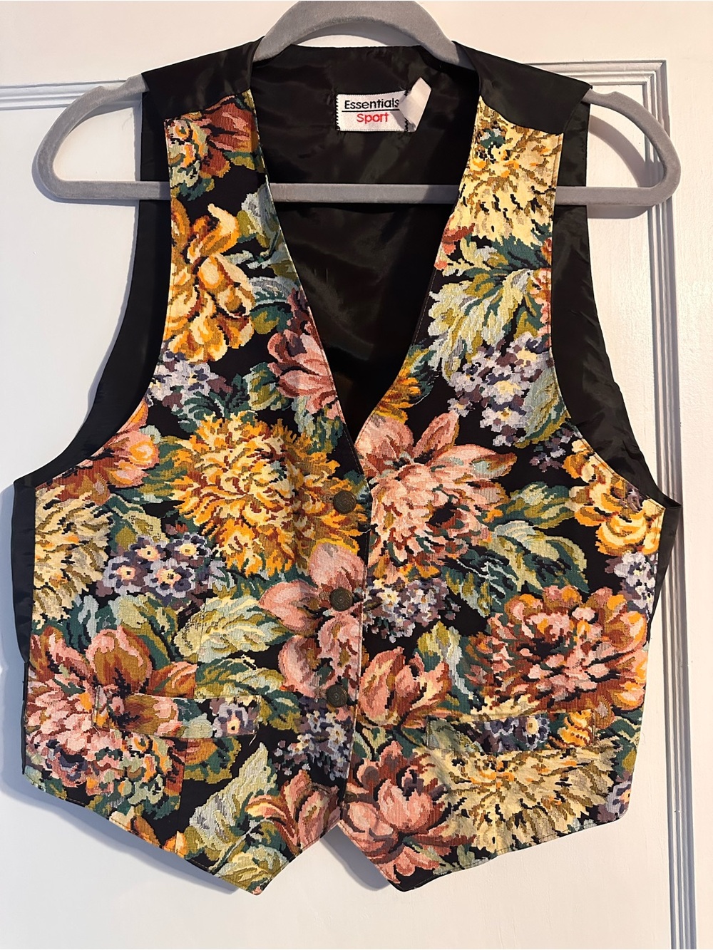 Essentials Floral Tapestry Vest in Black with Pink, Yellow and Green